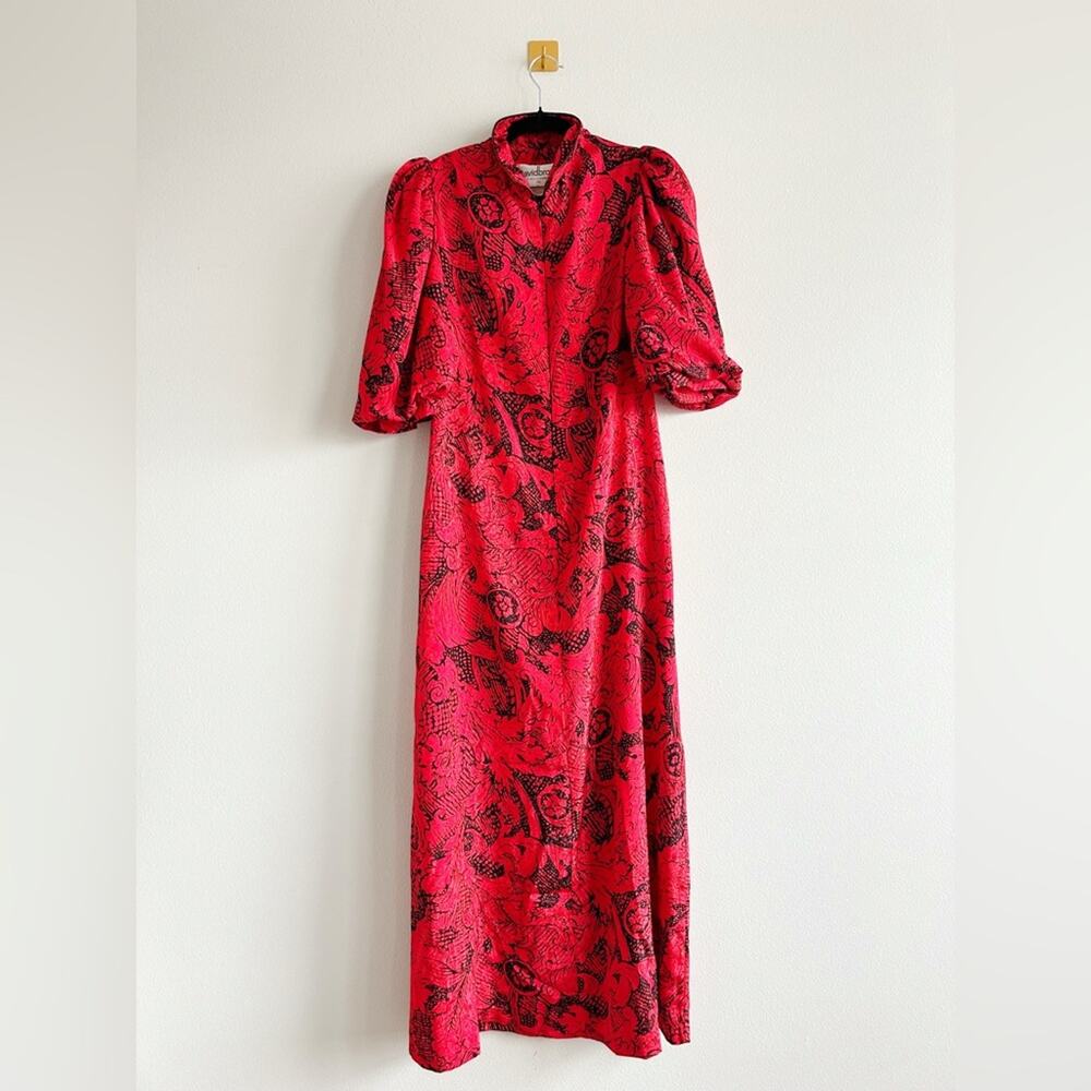 Vintage 1980s David Brown California Puff Sleeve Red Baroque Maxi Dress | XS